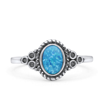 Oval Vintage Style Statement Fashion Thumb Ring Lab Created Blue Opal Oxidized 925 Sterling Silver
